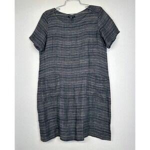 Eileen Fisher Petite Linen Shift Dress Blue Gray Textured Short Sleeve PM